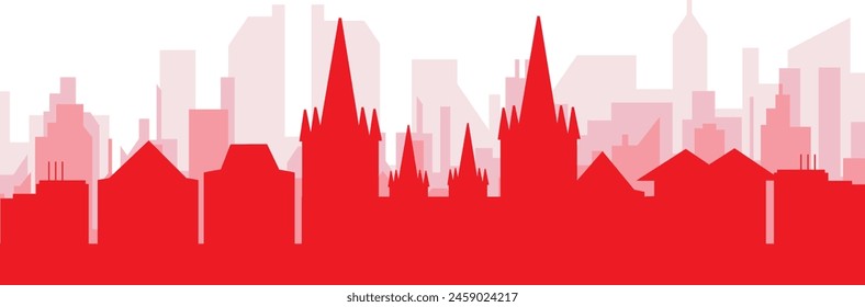 Red panoramic city skyline poster with reddish misty transparent background buildings of MAASTRICHT, NETHERLANDS