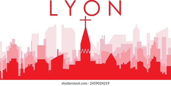 Red panoramic city skyline poster with reddish misty transparent background buildings of LYON, FRANCE