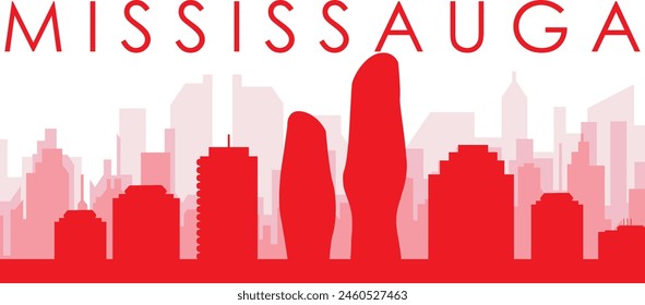 Red panoramic city skyline poster with reddish misty transparent background buildings of MISSISSAUGA, CANADA