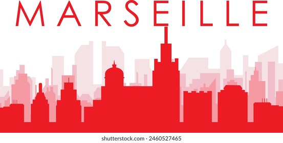 Red panoramic city skyline poster with reddish misty transparent background buildings of MARSEILLE, FRANCE