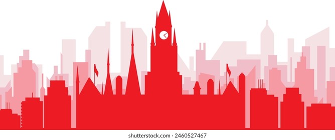 Red panoramic city skyline poster with reddish misty transparent background buildings of MANCHESTER, UNITED KINGDOM