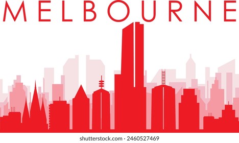 Red panoramic city skyline poster with reddish misty transparent background buildings of MELBOURNE, AUSTRALIA