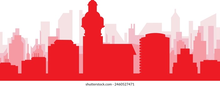 Red panoramic city skyline poster with reddish misty transparent background buildings of MONTEVIDEO, URUGUAY