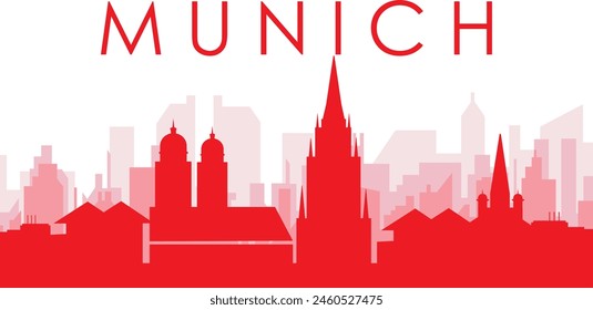 Red panoramic city skyline poster with reddish misty transparent background buildings of MUNICH, GERMANY