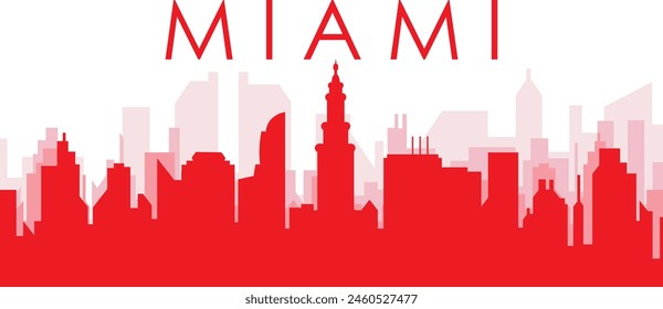 Red panoramic city skyline poster with reddish misty transparent background buildings of MIAMI, UNITED STATES