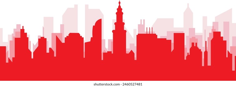 Red panoramic city skyline poster with reddish misty transparent background buildings of MIAMI, UNITED STATES