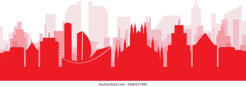 Red panoramic city skyline poster with reddish misty transparent background buildings of MILAN, ITALY