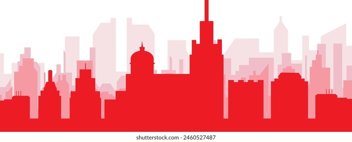 Red panoramic city skyline poster with reddish misty transparent background buildings of MARSEILLE, FRANCE