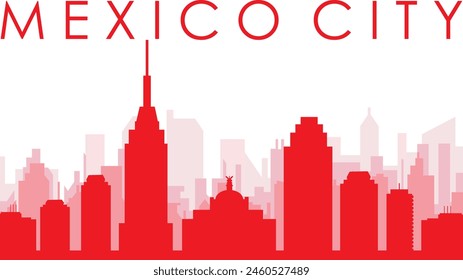 Red panoramic city skyline poster with reddish misty transparent background buildings of MEXICO CITY, MEXICO