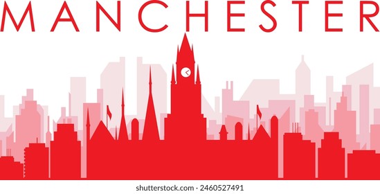 Red panoramic city skyline poster with reddish misty transparent background buildings of MANCHESTER, UNITED KINGDOM