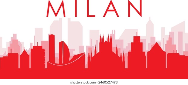 Red panoramic city skyline poster with reddish misty transparent background buildings of MILAN, ITALY