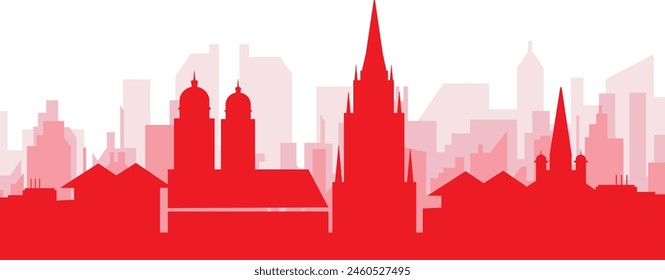 Red panoramic city skyline poster with reddish misty transparent background buildings of MUNICH, GERMANY