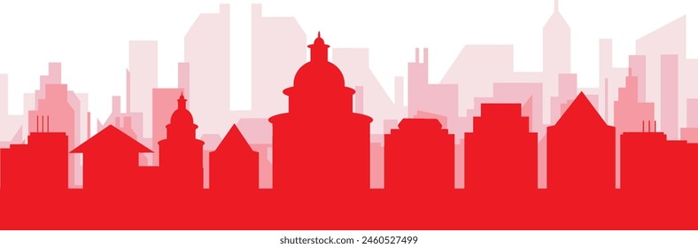 Red panoramic city skyline poster with reddish misty transparent background buildings of NAPLES, ITALY