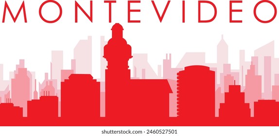 Red panoramic city skyline poster with reddish misty transparent background buildings of MONTEVIDEO, URUGUAY