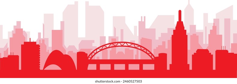 Red panoramic city skyline poster with reddish misty transparent background buildings of NEWCASTLE, UNITED KINGDOM