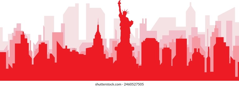 Red panoramic city skyline poster with reddish misty transparent background buildings of NEW YORK CITY, UNITED STATES