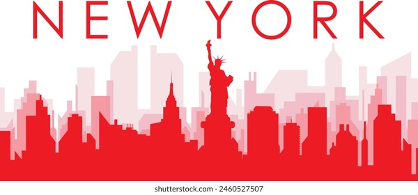 Red panoramic city skyline poster with reddish misty transparent background buildings of NEW YORK CITY, UNITED STATES