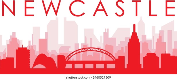 Red panoramic city skyline poster with reddish misty transparent background buildings of NEWCASTLE, UNITED KINGDOM