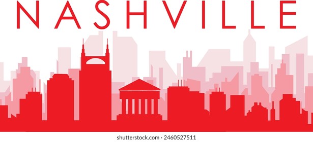 Red panoramic city skyline poster with reddish misty transparent background buildings of NASHVILLE, UNITED STATES