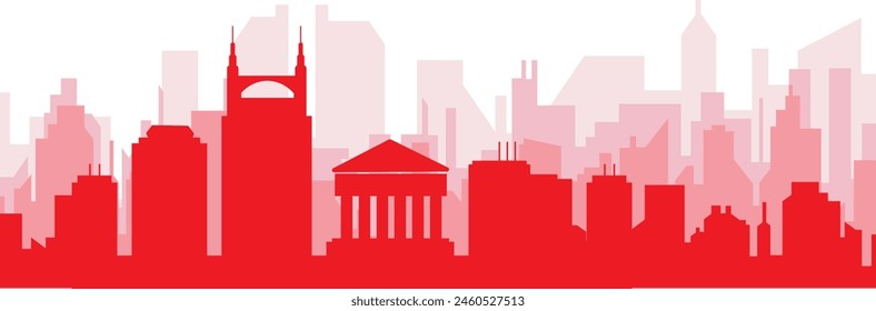 Red panoramic city skyline poster with reddish misty transparent background buildings of NASHVILLE, UNITED STATES