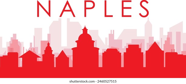 Red panoramic city skyline poster with reddish misty transparent background buildings of NAPLES, ITALY