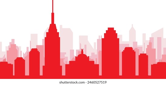 Red panoramic city skyline poster with reddish misty transparent background buildings of MEXICO CITY, MEXICO