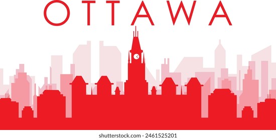 Red panoramic city skyline poster with reddish misty transparent background buildings of OTTAWA, CANADA