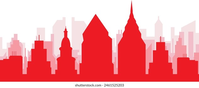 Red panoramic city skyline poster with reddish misty transparent background buildings of PHILADELPHIA, UNITED STATES