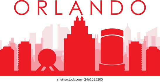 Afiche panorámico de horizonte de la ciudad rojo con edificios de fondo rojizos y brumosos transparentes de ORLANDO, ESTADOS UNIDOS