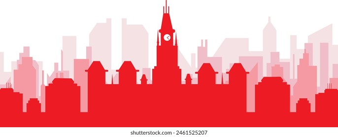 Red panoramic city skyline poster with reddish misty transparent background buildings of OTTAWA, CANADA