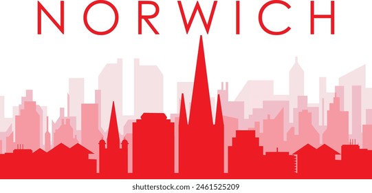 Red panoramic city skyline poster with reddish misty transparent background buildings of NORWICH, UNITED KINGDOM