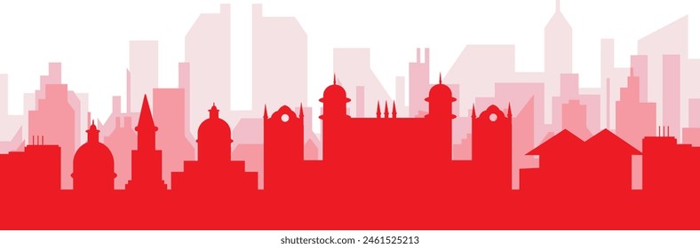 Red panoramic city skyline poster with reddish misty transparent background buildings of NOTTINGHAM, UNITED KINGDOM