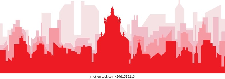 Red panoramic city skyline poster with reddish misty transparent background buildings of OXFORD, UNITED KINGDOM