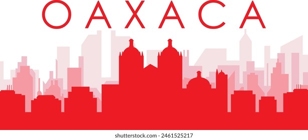 Red panoramic city skyline poster with reddish misty transparent background buildings of OAXACA, MEXICO