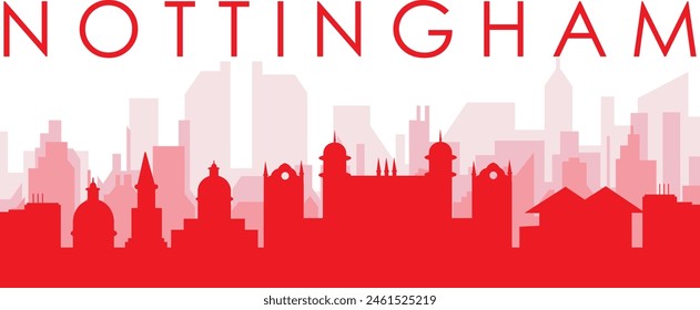 Red panoramic city skyline poster with reddish misty transparent background buildings of NOTTINGHAM, UNITED KINGDOM