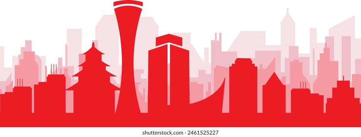 Red panoramic city skyline poster with reddish misty transparent background buildings of OSAKA, JAPAN