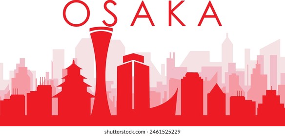 Red panoramic city skyline poster with reddish misty transparent background buildings of OSAKA, JAPAN