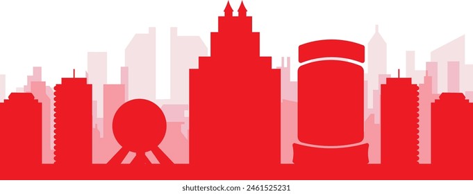 Afiche panorámico de horizonte de la ciudad rojo con edificios de fondo rojizos y brumosos transparentes de ORLANDO, ESTADOS UNIDOS