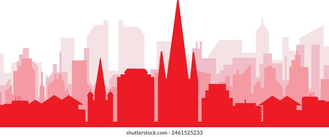 Red panoramic city skyline poster with reddish misty transparent background buildings of NORWICH, UNITED KINGDOM