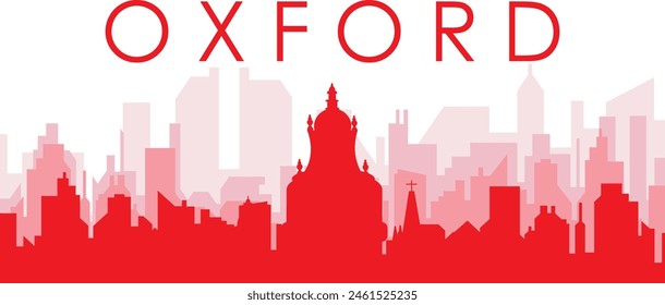 Red panoramic city skyline poster with reddish misty transparent background buildings of OXFORD, UNITED KINGDOM