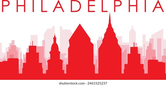 Red panoramic city skyline poster with reddish misty transparent background buildings of PHILADELPHIA, UNITED STATES