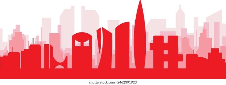 Red panoramic city skyline poster with reddish misty transparent background buildings of SEOUL, SOUTH KOREA