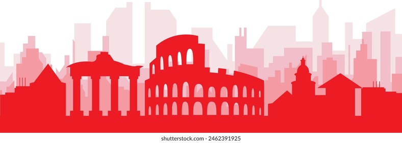 Afiche panorámico de la ciudad rojo con el fondo rojizo brumoso transparente de los edificios de ROMA, ITALIA