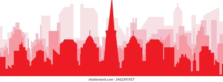 Red panoramic city skyline poster with reddish misty transparent background buildings of SAN FRANCISCO, UNITED STATES