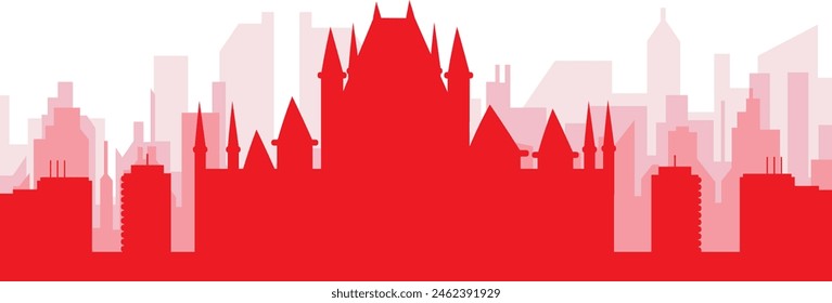 Red panoramic city skyline poster with reddish misty transparent background buildings of QUEBEC, CANADA