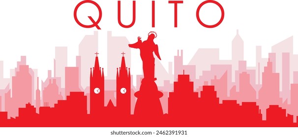 Red panoramic city skyline poster with reddish misty transparent background buildings of QUITO, ECUADOR