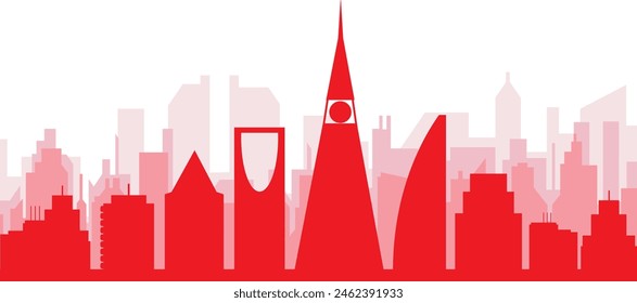 Red panoramic city skyline poster with reddish misty transparent background buildings of RIYADH, SAUDI ARABIA