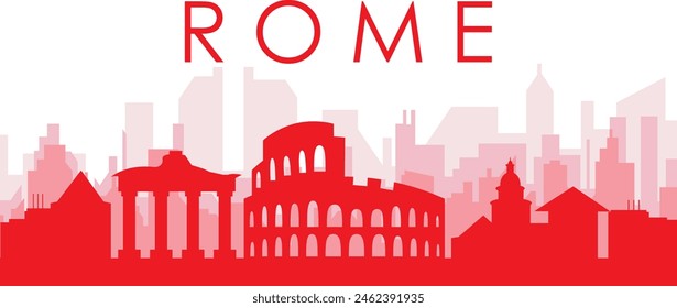 Red panoramic city skyline poster with reddish misty transparent background buildings of ROME, ITALY