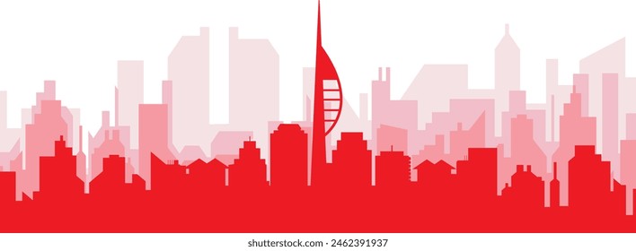 Red panoramic city skyline poster with reddish misty transparent background buildings of PORTSMOUTH, UNITED KINGDOM