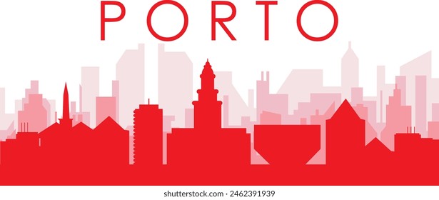 Red panoramic city skyline poster with reddish misty transparent background buildings of PORTO, PORTUGAL